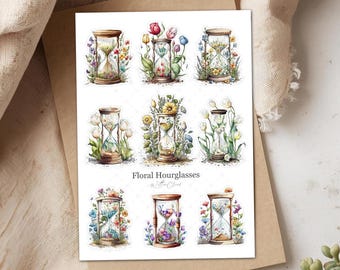 Journal Sticker Sheet Floral Hourglasses • Aquarell Aufkleber Set • Bujo, Planer & Scrapbook Dekoration • Stickerbogen A6