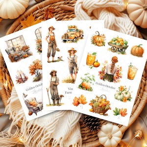 Stickervel voor tijdschriften • Set aquarelstickers • Bujo, planner en scrapbookdecoratie • Herfststickervel Golden October