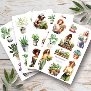 Stickervel voor dagboek Plantend meisje • Aquarelstickerset • Bujo, planner en plakboekdecoratie • Stickervel A6