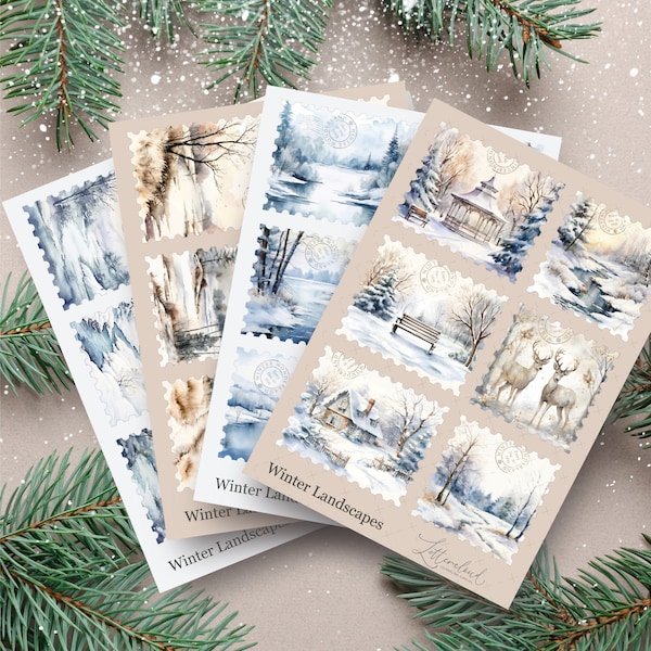 Set: Winter Landscape Faux Stamps • Journal Sticker Sheet • Planner Stickers