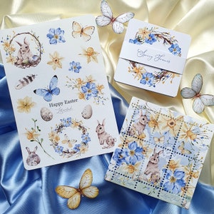 Conjunto de primavera "Felices Pascuas": Hoja de pegatinas de diario, Hoja de sellos falsos, 12 Tarjetas de notas / Tarjetas de diario