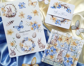 Spring Set "Happy Easter": Journal Sticker Sheet, Sheet of Faux Stamps, 12 Notecards / Journalcards