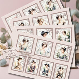 May include: A set of printable postage stamps with watercolour portraits of women in period dress. The stamps have a vintage aesthetic with floral and script details. The text "PRINTABLE instant download" is visible.