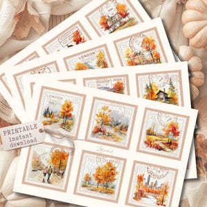 May include: A set of printable postage stamp designs with watercolour illustrations of autumnal scenes. The stamps depict trees, houses, and cityscapes in warm orange, yellow, and brown tones. The text "PRINTABLE instant download" is visible.
