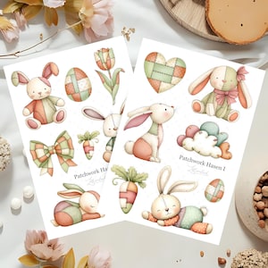 Könnte beinhalten: Zwei Stickerbögen mit Patchwork-Hasen, Eiern, Karotten und einer Schleife. Die Aufkleber haben eine sanfte Farbpalette aus Rosa, Grün und Pfirsich. Der Text "Patchwork Hasen I" ist sichtbar.