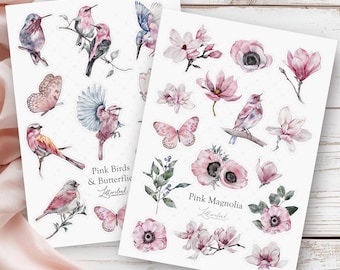 Journal Sticker Sheet Pink Birds • Aquarell Aufkleber Set • Bujo, Planer, Scrapbook Dekoration • Stickerbogen A6