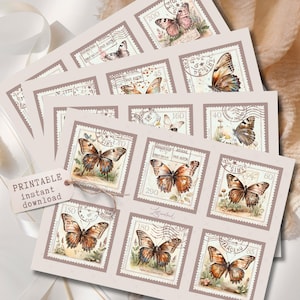 May include: Printable sheets of butterfly postage stamps. The stamps showcase detailed butterfly illustrations in various colours, set against a vintage background. The text "PRINTABLE instant download" is visible.