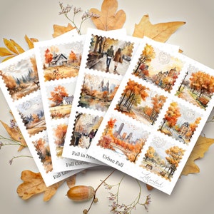 Set: Fall Scene Faux Stamps • Journal Sticker Sheet • Planner Stickers