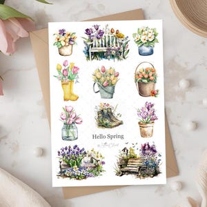 Stickervel voor dagboeken Hallo Lente • Set aquarelstickers • Bujo, planner en scrapbookdecoratie • Stickervel A6