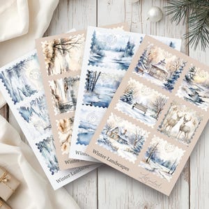 Winterlandschap met stickervel • Kunststempels • Set aquarelstickers • Bujo, planner en scrapbookdecoratie