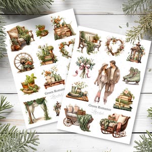 Stickervel voor dagboeken Groene Romantiek • Aquarelstickerset • Bujo, planner en plakboekdecoratie • Stickervel A6
