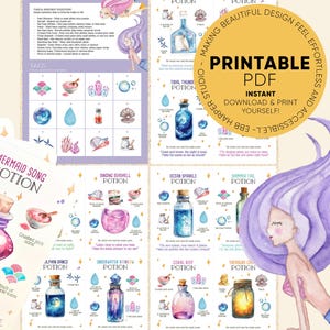 May include: Printable PDF with mermaid potion recipes, featuring watercolour illustrations of potion bottles, ingredients, and a mermaid. Text includes "Mermaid Song Potion" and "Printable PDF".