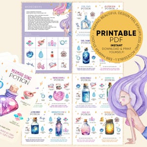 May include: Printable PDF art featuring mermaid-themed potion recipes. The design includes watercolor illustrations of potion bottles, ingredients, and a mermaid. The text includes "Mermaid Song Potion" and "Printable PDF".