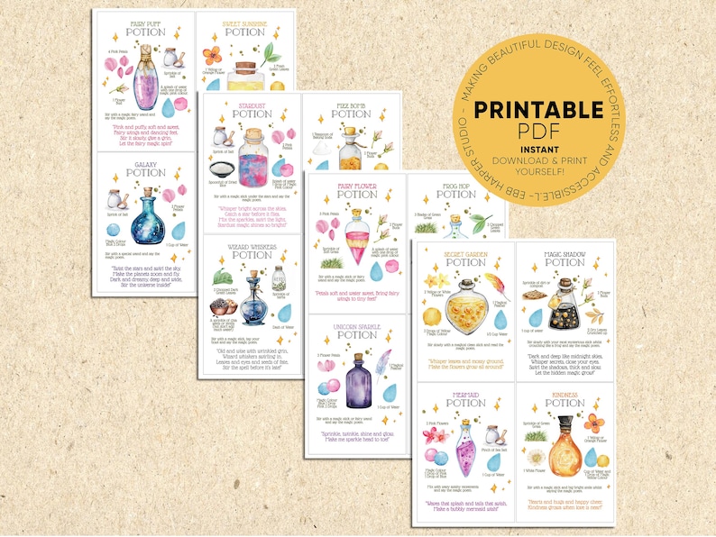 May include: A collection of printable PDF cards featuring various potion recipes with watercolor illustrations. Each card showcases a different potion, including Fairy Puff, Galaxy, and Mermaid potions, with ingredients and instructions.