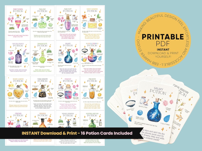 May include: A collection of 16 printable potion cards with watercolor illustrations. Each card features a different potion with ingredients and instructions. The cards are designed with a whimsical aesthetic and include the text "Printable PDF" and "Instant Download & Print Yourself!"