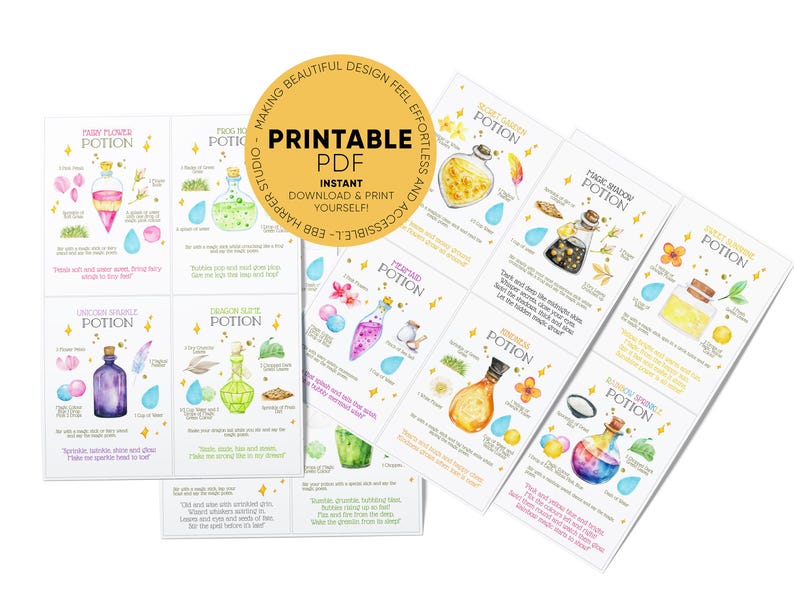 May include: Printable PDF featuring watercolor illustrations of potion recipes. Each card showcases a different potion with ingredients and instructions. The cards are adorned with whimsical details and the text "Printable PDF" is visible.