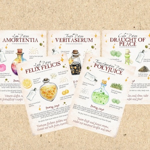 Könnte beinhalten: Aquarellillustrationen von Rezepten für Zaubertränke, darunter Amortentia, Veritaserum, Felix Felicis, Draught of Peace und Polyjuice. Jedes Rezept zeigt eine Flasche, Zutaten und Anweisungen.