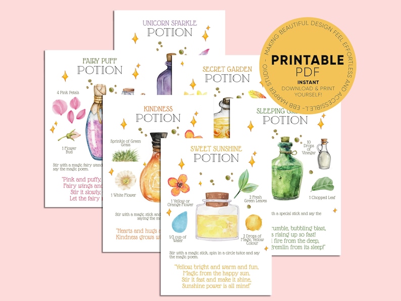 May include: Printable PDF art featuring watercolor illustrations of potion recipes. Each recipe card includes ingredients like flower petals, leaves, and water, with instructions and whimsical names such as "Fairy Puff Potion" and "Sweet Sunshine Potion."