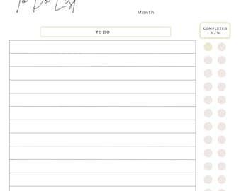 May include: A white to-do list with a black handwritten title "To Do List". The list has a blank space for writing tasks and a column of circles for marking tasks as complete. The list also has spaces for writing the day and month.