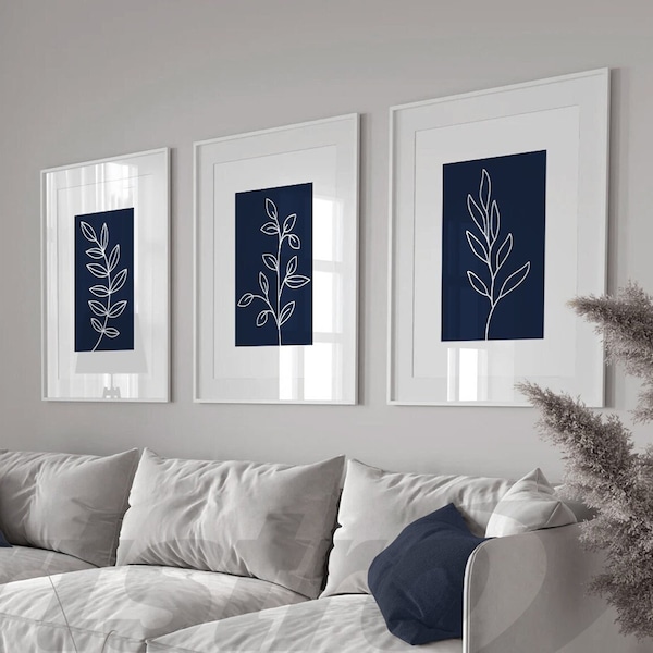 Navy Blue & White Wall Art Prints, Set Of 3 Posters, Botanical Lounge Decor, Plant Line Art Prints, Blue And White Boho Pictures