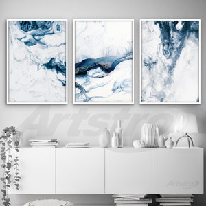 Set of 3 Abstract Ocean Navy Blue & White Art Prints of Paintings Wall Art Print Poster print wall art Pictures Artwork