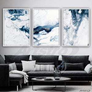 Set of 3 Abstract Ocean Navy Blue & White Art Prints of Paintings Wall Art Print Poster print wall art Pictures Artwork Marble