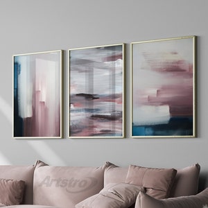 Ensemble de 3 tirages abstraits d’art mural bleu marine et rose blush à partir de peintures originales Décoration intérieure Impression Images d’affiches bleues et roses Œuvres d’art