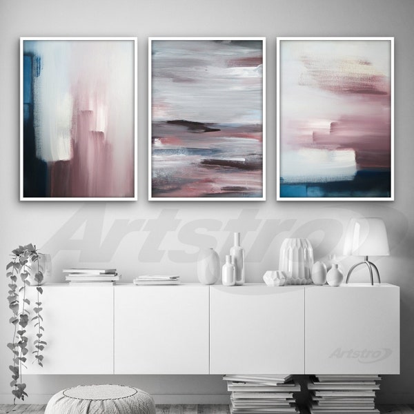 Set of 3 Abstract Navy & Blush Pink Art Prints from Original Textured Paintings Wall Art Print Poster print wall art Pictures Artwork