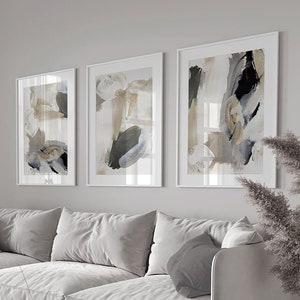 Neutral Beige Abstract Wall Art,Acrylic Painting,Abstract Set of 3 Prints,Black,,Grey,Neutral Decor,Minimalist Wall Art,Living Room,Bedroom