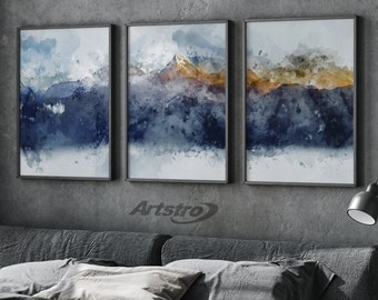 Set of 3 Abstract Art Prints of Paintings Navy Blue Yellow Golden Orange Wall Art Print Poster Mountains print wall art Pictures Artwork