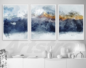 Set of 3 Abstract Art Prints of Paintings Watercolour Wall Art Print Poster Navy Blue Yellow Golden Orange Mountains print Pictures Artwork