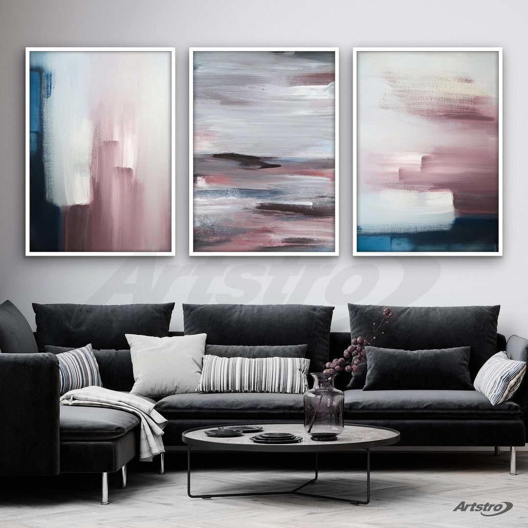 Set of 3 Abstract Navy & Blush Pink Art Prints From Original Textured ...