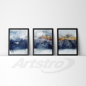 Set of 3 Abstract Art Prints of Paintings Navy Blue Yellow Golden ...