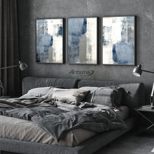 Set of 3 Wall Art Prints Navy Blue Feathers Home Decor Wall Etsy UK