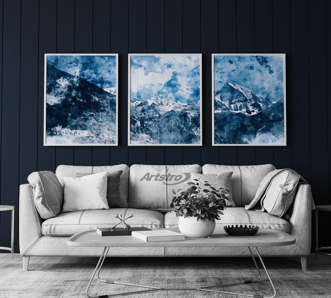 Wall Art Set of 3 Abstract Art Prints of Paintings Navy Blue & White ...