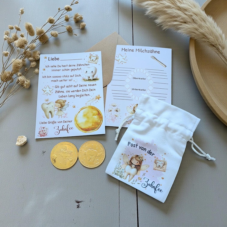 Mail from the Tooth Fairy, personalized letter, coin, token, boy, girl, wobbly tooth, gold token, certificate, gap in teeth, coin, milk teeth, gift Set 3tlg ohne Name