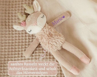 Kuscheltier Reh mit Name personalisiert Schmusetuch Rassel Geschenk Geburt Taufe Bieco