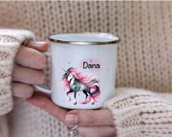 Tasse mit Name Einhorn Mädchen Kinder personalisiert Keramik Emaille Geschenkidee Geburtstag Einschulung Becher