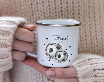 Tasse mit Name Fußball Junge Kinder personalisiert Keramik Emaille Geschenkidee Geburtstag Einschulung Becher