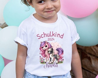 Kinder T-shirt Schoolkind Paard Meisje met Naam Schoolinschrijving Shirt Gepersonaliseerd Cadeau Idee School Start Zegt Schoolinschrijving