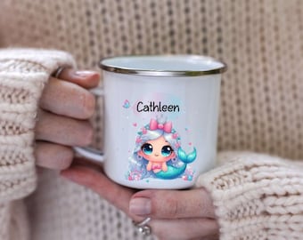 Tasse mit Name Meerjungfrau Mädchen Kinder personalisiert Keramik Emaille Geschenkidee Geburtstag Einschulung Becher