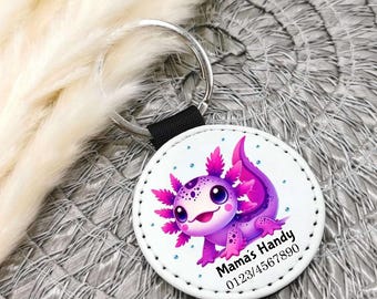 Llavero con número de emergencia de ajolote para niños con número de teléfono, colgante para mochila escolar, regalo para jardín de infancia, primer día de clases.