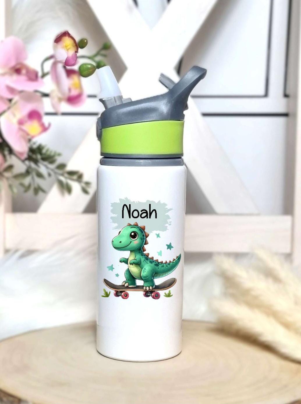 Personalisierte Kinder Trinkflasche Aus Edelstahl Mit Dino-Motiv & Gravur - 350 Ml, Mit Bambusdeckel, Plastikfrei Für Kindergarten & Schule