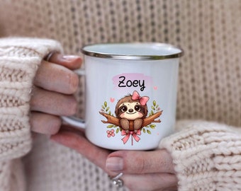 Tasse mit Name Faultier Mädchen Kinder personalisiert Keramik Emaille Geschenkidee Geburtstag Einschulung Becher