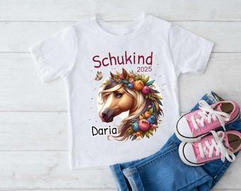 Gepersonaliseerd schoolshirt met naam, outfit voor de eerste schooldag, paard, eerste schooldag, cadeau voor meisjes, eersteklassers