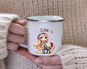 Tasse mit Name Pferd Mädchen Kinder personalisiert Keramik Emaille Geschenkidee Geburtstag Einschulung Becher