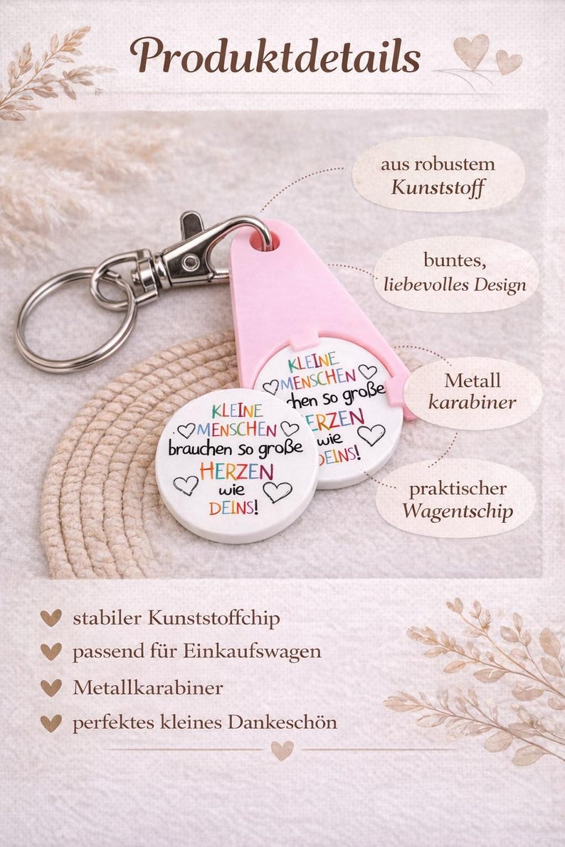 Puede incluir: Un llavero rosa y blanco con un mosquet&oacute;n de metal. El llavero tiene una etiqueta redonda blanca con el texto "KLEINE MENSCHEN brauchen so gro&szlig;e HERZEN wie DEINS!" y una etiqueta rosa con el texto "KLEINE MENSCHEN then so gro&szlig;e ERZEN wie DEINS!".