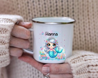 Tasse mit Name Meerjungfrau Mädchen Kinder personalisiert Keramik Emaille Geschenkidee Geburtstag Einschulung Becher