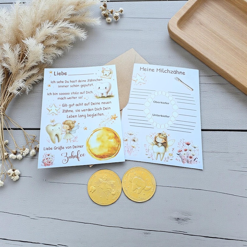 Mail from the Tooth Fairy, personalized letter, coin, token, boy, girl, wobbly tooth, gold token, certificate, gap in teeth, coin, milk teeth, gift Karte + Münze