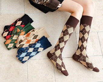 Womens Brown Over the Knee Socks Pom Poms Boot Socks Diamond twist pattern
